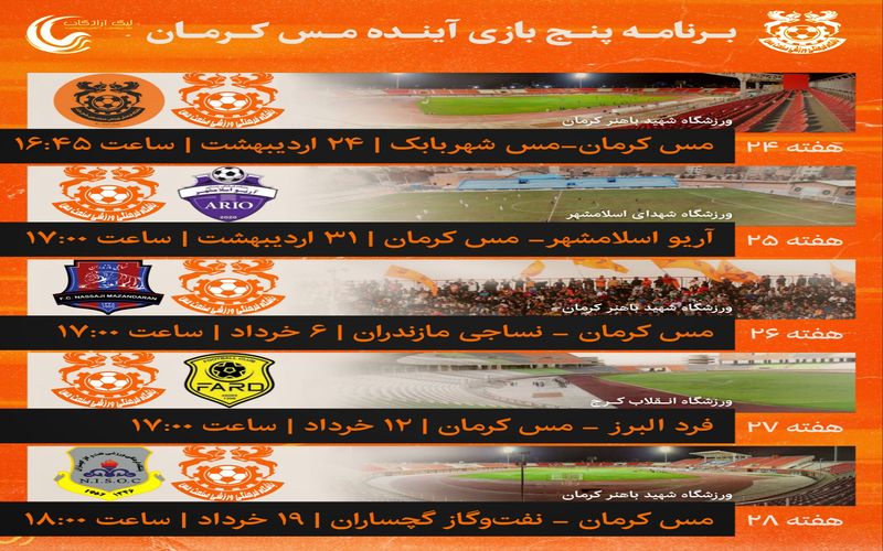 نگاهی به برنامه 5 بازی پیش رو تیم فوتبال مس کرمان در لیگ یک